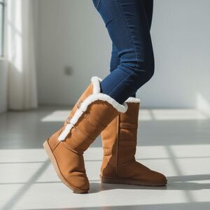 Arizona Bridget Womens 7M Brown Suede Faux Fur Button Winter Boots Mid Calf Warm